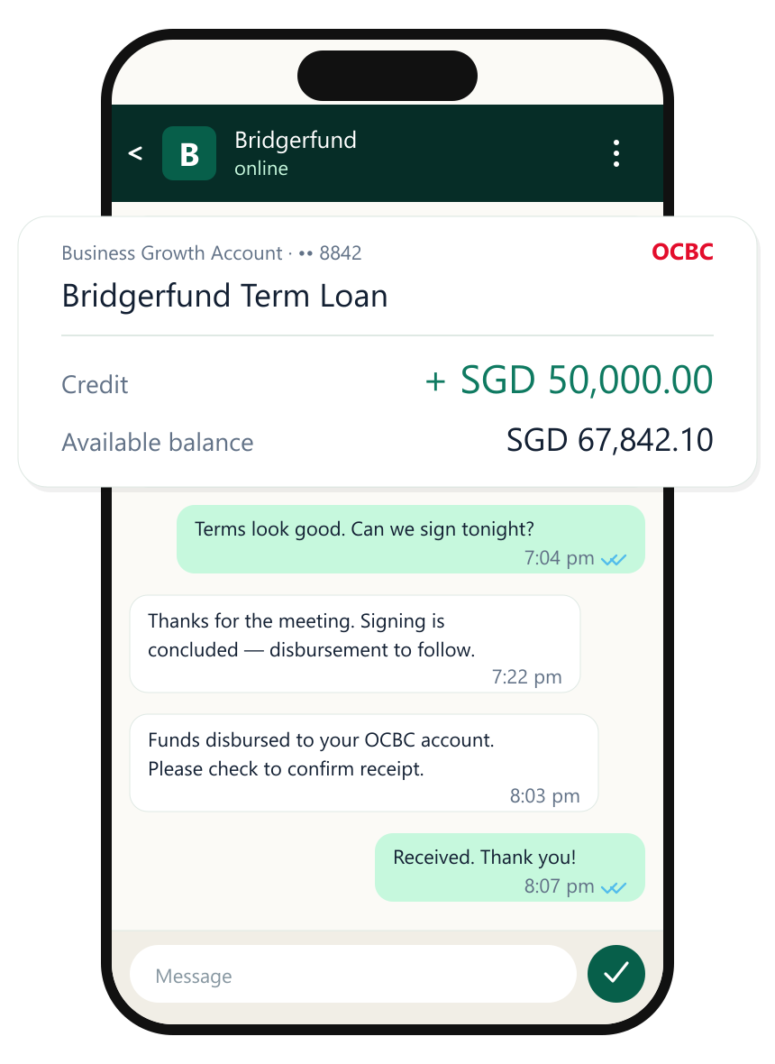Illustrative Bridgerfund WhatsApp funding conversation showing written offer, signing update, and disbursement confirmation